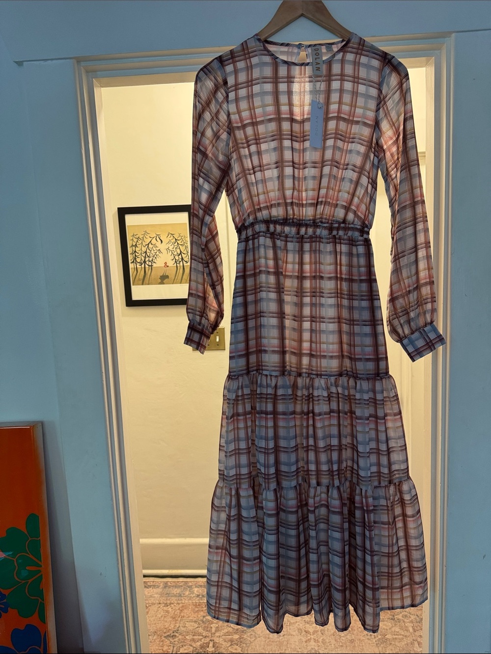 dolan Brown and Pink Plaid Tiered Long-Sleeve Midi Dress